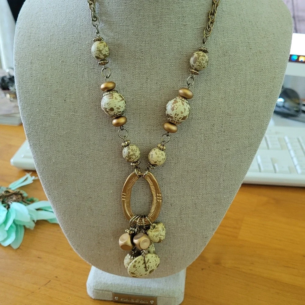 Vintage Speckled Bead Pendant Necklace Boho Dangle Cluster 31 Inch